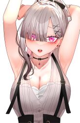 Rule 34 | 1girl, absurdres, ahoge, arm up, armpits, arms up, asymmetrical bangs, black choker, black corset, blush, breasts, choker, cleavage, corset, dress, embroidery, eyes visible through hair, gomo, hair ornament, hair over one eye, highres, jewelry, large breasts, long hair, looking at viewer, mole, mole under eye, nijisanji, open mouth, pendant choker, presenting armpit, see-through, see-through dress, sukoya kana, sukoya kana (5th costume), virtual youtuber, x, x hair ornament
