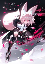 Rule 34 | 1girl, animal ear fluff, animal ears, black thighhighs, breasts, commentary request, dot nose, dual wielding, dust cloud, english text, fang, fox ears, fox tail, full body, glowing, glowing sword, glowing weapon, highres, holding, holding sword, holding weapon, leaning forward, looking ahead, mamuru, medium hair, miniskirt, necktie, open mouth, original, petals, pink eyes, pink hair, pleated skirt, sailor collar, science fiction, skin fang, skirt, small breasts, solo, sword, tail, thighhighs, triangle, weapon