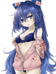 Rule 34 | 1girl, bare shoulders, bikini, blue bikini, blue bow, blue eyes, blue hair, blush, bow, breasts, collarbone, commentary request, cowboy shot, debt, grey jacket, hair between eyes, hair bow, head tilt, highres, jacket, long hair, looking at viewer, medium breasts, off shoulder, parted lips, partial commentary, short sleeves, simple background, solo, standing, swimsuit, touhou, tyouseki, very long hair, white background, yorigami shion