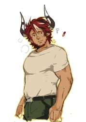 Rule 34 | 1boy, ?, animal ears, arknights, bara, cow boy, cow ears, cow horns, cropped legs, dark-skinned male, dark skin, facial hair, horns, humus (arknights), looking at viewer, male focus, multicolored hair, muscular, muscular male, pectorals, red hair, ryo (scr1pt88), shirt, short hair, solo, streaked hair, sweat, t-shirt, thick eyebrows