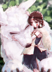 Rule 34 | 1girl, animal, bare arms, brown eyes, brown hair, closed mouth, commentary request, earrings, facepaint, facial mark, fur, headband, highres, hoshibuchi, jewelry, looking at viewer, mononoke hime, necklace, san (mononoke hime), short hair, studio ghibli, tooth necklace, wolf