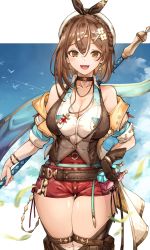 Rule 34 | 1girl, :d, atelier (series), atelier ryza, atelier ryza 3, azur lane, belt, black choker, black hairband, blurry, blurry background, boots, bottle, braid, breasts, brown belt, brown eyes, brown footwear, brown gloves, brown hair, brown vest, choker, cleavage, collarbone, commentary request, cowboy shot, earrings, falling leaves, gloves, hair between eyes, hairband, highres, holding, holding staff, holster, jacket, jewelry, large breasts, leaf, looking at viewer, necklace, off shoulder, open mouth, red shorts, reisalin stout, shirt, short shorts, shorts, single earring, single glove, sleeveless, sleeveless shirt, smile, staff, star (symbol), star earrings, teeth, thick thighs, thigh boots, thigh holster, thighhighs, thighs, upper teeth only, vest, white headwear, white shirt, white thighhighs, yusha m