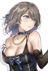 Rule 34 | 1girl, bare shoulders, black dress, blue bow, blue eyes, blush, bow, braid, breasts, cleavage, dress, elbow gloves, gloves, grey hair, hair bow, idol, jewelry, lace trim, large breasts, looking to the side, love live!, love live! school idol festival, love live! sunshine!!, medium breasts, necklace, parted lips, short hair, solo, strap slip, surfing orange, upper body, watanabe you