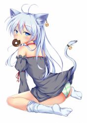 Rule 34 | animal ears, bad id, bad pixiv id, blue eyes, cat ears, cat tail, doughnut, fang, food, marisasu (marisa0904), mouth hold, original, panties, silver hair, solo, striped clothes, striped panties, tail, underwear