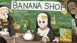 Rule 34 | 3girls, angry, banana, banner, bird, blonde hair, brown hair, bunny nun (diva), cat, chalkboard, chicken, clumsy nun (diva), cookie, cosplay, diva (hyxpk), duck, duckling, english text, food, frog headband, froggy nun (diva), from behind, fruit, habit, hair ornament, highres, little nuns (diva), missing poster, multiple girls, nun, nunnally vi britannia, poster (object), rabbit hair ornament, spicy nun (diva), spicy nun (diva) (cosplay), traditional nun, white hair