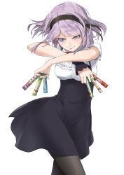 Rule 34 | &gt;:p, 10s, 1girl, :p, absurdres, aizawa masaya, between fingers, black flower, black pantyhose, black rose, black skirt, blue eyes, bow, bowtie, crossed arms, dagashi kashi, fighting stance, flower, food, frills, hair flower, hair ornament, hairband, high-waist skirt, highres, holding, long skirt, package, pantyhose, purple hair, red bow, red bowtie, rose, shidare hotaru, shirt, short hair, short sleeves, skirt, solo, standing, tongue, tongue out, umaibou, underbust, v-shaped eyebrows, white shirt, wrist cuffs