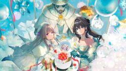 Rule 34 | 1boy, 2girls, absurdres, alternate costume, aqua eyes, ascot, bare shoulders, black hair, blurry, breasts, brown hair, cake, candle, cleavage, closed mouth, depth of field, doll joints, flower, food, gloves, green gloves, herta (honkai: star rail), highres, holding, holding tray, honkai: star rail, honkai (series), humanoid robot, joints, kotone ranmaru, looking at viewer, medium breasts, merry christmas, monocle, multiple girls, pants, parted lips, purple eyes, purple flower, robot, ruan mei (honkai: star rail), screwllum (honkai: star rail), smile, snowflakes, strawberry cake, tray, white ascot, white headwear, white pants