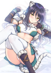 Rule 34 | 1girl, animal ears, armor, armpits, arms up, ass, black gloves, black hair, boots, breasts, crop top, elbow gloves, fingerless gloves, fur collar, fur trim, gloves, gradient hair, half-closed eyes, highres, legs up, long hair, looking at viewer, lying, medium breasts, midriff, miniskirt, multicolored hair, on back, panties, pauldrons, princess connect!, sasachin (k+w), shiori (princess connect!), shoulder armor, skindentation, skirt, sleeveless, smile, solo, strapless, tail, thighhighs, tiger ears, tiger girl, tiger tail, tube top, underwear, white background, white panties, white thighhighs, yellow eyes