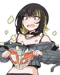 Rule 34 | 1girl, bag, barbell piercing, bare shoulders, black camisole, black choker, black hair, blonde hair, camisole, chips (food), choker, collarbone, colored inner hair, commentary request, crop top, cropped sweater, ear piercing, failure, food, gougoku, grey sweater, highres, holding, holding bag, idolmaster, idolmaster shiny colors, ikaruga luca, industrial piercing, jewelry, long sleeves, looking at object, medium hair, midriff, multicolored hair, navel, necklace, off shoulder, open mouth, piercing, potato chips, raised eyebrow, ribbed sweater, sanpaku, simple background, solo, spaghetti strap, spiked ear piercing, surprised, sweatdrop, sweater, upper body, wavy mouth, white background, yellow eyes