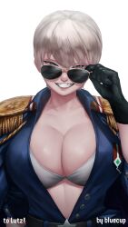 Rule 34 | 1girl, absurdres, artist name, black gloves, blonde hair, blue eyes, blue jacket, bluecup, bra, breasts, cleavage, commentary, english commentary, epaulettes, eyewear pull, gloves, grin, hand up, highres, huge breasts, jacket, looking over eyewear, military uniform, open clothes, open jacket, original, pulled by self, short hair, simple background, smile, solo, sunglasses, underwear, uniform, upper body, white background, white bra