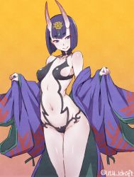 Rule 34 | 1girl, breasts, eyebrows, fate/grand order, fate (series), highres, horns, japanese clothes, kimono, looking at viewer, navel, off shoulder, oni, open clothes, open kimono, purple eyes, purple hair, short hair, shuten douji (fate), shuten douji (first ascension) (fate), sideboob, simple background, skin-covered horns, small breasts, smile, solo, utu (ldnsft)