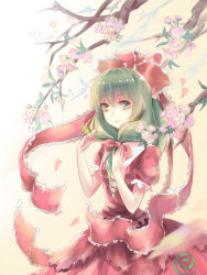 Rule 34 | 1girl, a luo, bug, butterfly, butterfly on hand, cherry blossoms, dress, female focus, front ponytail, green eyes, green hair, hair ribbon, highres, bug, kagiyama hina, looking at viewer, matching hair/eyes, petals, puffy sleeves, red dress, ribbon, short sleeves, solo, touhou, tree, xyj