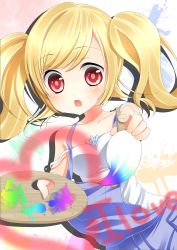 Rule 34 | 1girl, art brush, bare shoulders, blonde hair, blush, camisole, heart, highres, looking at viewer, open mouth, original, outstretched arm, overalls, paintbrush, painting (action), palette (object), rainbow, red eyes, short hair, solo, twintails