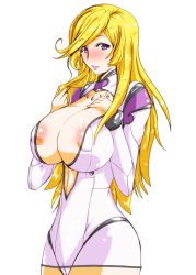 Rule 34 | 10s, 1girl, :o, areola slip, blonde hair, blush, bodysuit, breasts, highres, huge breasts, jewelry, long hair, looking at viewer, necklace, purple eyes, simple background, solo, uchuu senkan yamato, uchuu senkan yamato 2199, unzipped, white background, yurisha iscandar, yuumin