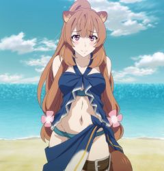 Rule 34 | 1girl, animal ears, aqua panties, arms behind back, bare shoulders, beach, belt, belt buckle, bikini, blue sky, blush, breasts, brown hair, buckle, closed mouth, cloud, cloudy sky, collarbone, criss-cross halter, day, female focus, flower, groin, hair flower, hair ornament, halterneck, happy, highres, large breasts, long hair, looking at viewer, medium breasts, navel, ocean, outdoors, panties, pink eyes, ponytail, raccoon girl, raphtalia, revealing clothes, screencap, sky, smile, solo, standing, stitched, swimsuit, tail, tate no yuusha no nariagari, thigh strap, thighs, third-party edit, underwear, very long hair