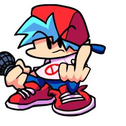 Rule 34 | &gt;:(, 1boy, backwards hat, baseball cap, blue hair, blue pants, boyfriend (friday night funkin&#039;), friday night funkin&#039;, hat, highres, holding, holding microphone, looking at viewer, microphone, middle finger, pants, red footwear, red hat, shirt, shoes, solo, t-shirt, tagme, transparent background, v-shaped eyebrows, white shirt