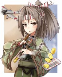 Rule 34 | 10s, 1girl, aircraft, airplane, arrow (projectile), blush, brown eyes, brown hair, camouflage, chopsticks, food, gloves, gradient background, hachimaki, headband, high ponytail, japanese clothes, kantai collection, looking at viewer, muneate, omelet, open mouth, partially fingerless gloves, partly fingerless gloves, remodel (kantai collection), single glove, solo, tamagoyaki, upper body, yakob labo, yugake, zuihou (kancolle)
