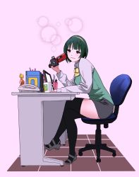 Rule 34 | 1girl, absurdres, action figure, camcorder, chair, computer, green hair, hairband, highres, hone (honehone083), idolmaster, idolmaster (classic), indoors, laptop, mole, mole under mouth, monitor, office chair, office lady, on chair, otonashi kotori, phone, red eyes, short hair, skirt, smile, solo, super saiyan, super saiyan 1, swivel chair, thighhighs, toy, video camera