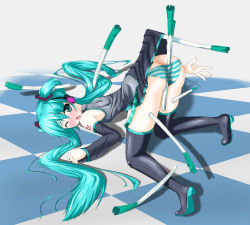 Rule 34 | 1girl, all fours, aqua hair, bare shoulders, blush, cadia, clothes lift, detached sleeves, dress, dress lift, food, green eyes, hatsune miku, long hair, one eye closed, open mouth, panties, pantyshot, skirt, solo, spring onion, striped clothes, striped panties, thighhighs, top-down bottom-up, totose manaka, twintails, underwear, upskirt, vegetable, very long hair, vocaloid, wink