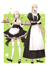 Rule 34 | 2boys, alternate costume, apron, aqua eyes, ascot, black ascot, black dress, black footwear, black skirt, blonde hair, braid, cake, cherry, collared shirt, crossdressing, crossed arms, dated, dress, drink, elf, enmaided, father and son, food, frilled apron, frilled dress, frills, frown, fruit, full body, garter straps, green background, hair slicked back, highres, holding, holding tray, juice, juliet sleeves, legolas, long hair, long sleeves, looking at viewer, maid, maid apron, maid headdress, male focus, mary janes, miniskirt, multiple boys, pointy ears, puffy short sleeves, puffy sleeves, ru (famia), serving dome, shirt, shoes, short sleeves, side braid, skirt, smile, standing, straight hair, the lord of the rings, thighhighs, thranduil, tolkien&#039;s legendarium, tolkien's legendarium, tray, w arms, waist apron, white apron, white shirt, white thighhighs, wrist cuffs, zettai ryouiki