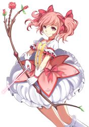 Rule 34 | arrow (projectile), bow, bow (weapon), choker, drawing bow, dress, frilled dress, frilled socks, frills, gloves, hair bow, highres, holding, holding arrow, holding bow (weapon), holding weapon, kaname madoka, kneehighs, kuki tan, looking to the side, magical girl, mahou shoujo madoka magica, medium hair, pink bow, pink choker, pink dress, pink eyes, pink hair, puffy short sleeves, puffy sleeves, short sleeves, simple background, socks, soul gem, twintails, two-tone dress, weapon, white background, white dress, white gloves, white socks