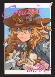 Rule 34 | 1boy, black gloves, blonde hair, blue eyes, blue jacket, bridget (guilty gear), closed mouth, cow boy, cowboy hat, fingerless gloves, fingernails, gloves, guggy (guirgaleo), guilty gear, guilty gear strive, hat, highres, jacket, long sleeves, looking at viewer, male focus, medium hair, open clothes, open jacket, sheriff badge, shirt, smile, solo, stuffed animal, stuffed toy, teddy bear, trap, upper body, v, white shirt, zipper pull tab