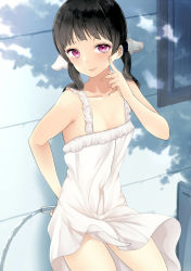 Rule 34 | 1girl, against wall, amasora taichi, bare shoulders, holding behind back, black hair, blunt bangs, blush, closed mouth, collarbone, colored eyelashes, cowboy shot, dappled sunlight, day, dress, highres, holding, hose, index finger raised, looking at viewer, original, outdoors, pink eyes, sleeveless, sleeveless dress, smile, solo, standing, summer, sundress, sunlight, transparent, tsurime, twintails, water, white dress, window