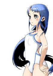Rule 34 | 10s, 1girl, blue eyes, blue hair, fujita kakuji, hand on own hip, highres, kantai collection, long hair, one-piece swimsuit, samidare (kancolle), simple background, solo, swimsuit, white background