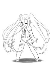 Rule 34 | 10s, 1girl, aoki hagane no arpeggio, greyscale, jinraimu, long hair, looking at viewer, monochrome, one eye closed, personification, simple background, solo, standing, takao (aoki hagane no arpeggio), thigh strap, thighhighs, twintails, very long hair, white background, wink