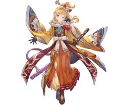 Rule 34 | 1girl, aqua eyes, blonde hair, breasts, brown gloves, closed mouth, floral print, full body, fur trim, gloves, granblue fantasy, hair ornament, hair stick, hand up, japanese clothes, katana, looking at viewer, medium breasts, minaba hideo, mirin (granblue fantasy), official art, one eye closed, sheath, sheathed, smile, solo, standing, sword, transparent background, weapon, wide sleeves