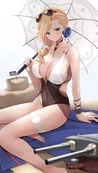 Rule 34 | 1girl, absurdres, azur lane, blonde hair, blue eyes, breasts, cleavage, commentary request, eyewear on head, flower, hair flower, hair ornament, highres, holding, holding umbrella, hood (azur lane), hood (lady of the shining sun) (azur lane), jewelry, large breasts, manjirou (manji illust), necklace, one-piece swimsuit, parasol, sand castle, sand sculpture, sunglasses, swimsuit, thigh strap, turret, umbrella, union jack