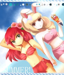 Rule 34 | 2girls, alternate costume, animal ears, bikini, blonde hair, blush, breasts, brown eyes, rabbit ears, dutch angle, english text, flower, food, green eyes, hair flower, hair ornament, holding hands, high ponytail, kirara (hitominak3), midriff, multicolored hair, multiple girls, navel, open mouth, pink hair, red hair, smile, snowrabby, summer, swimsuit, tsubakihime (youkai watch), two-tone hair, traditional youkai, youkai watch