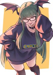 Rule 34 | 1girl, absurdres, ap cammy, bespectacled, black-framed eyewear, black thighhighs, blunt bangs, breasts, capcom, clothes writing, collar, cowboy shot, demon wings, glasses, green eyes, green hair, hand on own hip, head wings, highres, hime cut, looking at viewer, morrigan aensland, sleeves past fingers, sleeves past wrists, smile, solo, thighhighs, tongue, tongue out, vampire (game), wings