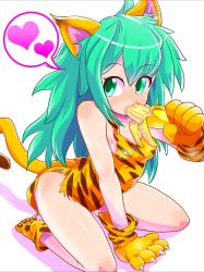 Rule 34 | 1girl, animal ears, animal hands, animal print, banana, bare shoulders, blush, breasts, cat ears, cat tail, cham cham, claws, cleavage, dress, eating, food, fruit, gloves, green eyes, green hair, heart, highres, holding, holding food, holding fruit, kneeling, long hair, medium breasts, no bra, no panties, open mouth, osamu yagi, paw gloves, samurai spirits, short dress, sitting, sketch, snk, solo, spiked hair, tail, thick thighs, thighs, tiger print, torn clothes, torn dress