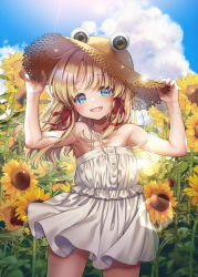 Rule 34 | 1girl, :d, bare shoulders, blonde hair, blue sky, casual, cloud, commentary request, day, dress, hat, highres, long hair, looking at viewer, moriya suwako, nora wanko, off-shoulder dress, off shoulder, open mouth, outdoors, sky, smile, solo, teeth, touhou, upper teeth only, white dress