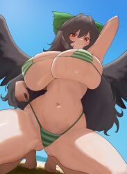 1girl absurdres arm_behind_head barefoot bikini bird_wings black_wings blue_sky bow breasts cleavage closed_mouth clothes_pull commentary curvy flower full_body green_bikini hair_bow hair_flower hair_intakes hair_ornament highres huge_breasts long_hair looking_at_viewer moriforest1040 navel outdoors pulling_own_clothes red_eyes reiuji_utsuho sitting sky smile solo striped_bikini striped_clothes swimsuit touhou unfinished wings