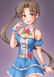 Rule 34 | 1girl, anti (untea9), ayanami (kancolle), blue dress, breasts, brown eyes, brown hair, cleavage, cowboy shot, detached collar, dress, flower, frilled dress, frills, gradient background, highres, kantai collection, long hair, purple background, rose, small breasts, solo, standing, wrist cuffs