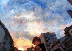 Rule 34 | 1boy, 666haorare666, bad id, bad pixiv id, brown hair, building, cloud, cloudy sky, collared shirt, commentary request, closed eyes, male focus, original, outdoors, shirt, short hair, short sleeves, sky, smile, solo, summer, twilight