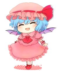 Rule 34 | 1girl, :d, ^ ^, bat wings, blue hair, bow, chibi, closed eyes, dress, fang, hat, hat bow, mob cap, open mouth, rei (tonbo0430), remilia scarlet, short hair, short sleeves, simple background, smile, solo, touhou, wings, wrist cuffs