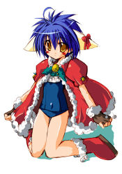 Rule 34 | 00s, 1girl, animal ears, blue hair, boots, cape, christmas, coat, female focus, full body, galaxy angel, gloves, lowres, mint blancmanche, no pants, non-web source, one-piece swimsuit, open clothes, santa costume, school swimsuit, solo, swimsuit, swimsuit under clothes, yellow eyes