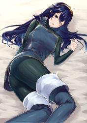 Rule 34 | 1girl, ameno (a meno0), ass, bad id, bad twitter id, blue eyes, blue hair, boots, fire emblem, fire emblem awakening, hair between eyes, highres, long hair, long sleeves, looking at viewer, lucina (fire emblem), lying, nintendo, on bed, on side, one eye closed, open mouth, solo, tiara