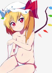 Rule 34 | 1girl, bikini, unworn bikini top, blonde hair, blush, closed mouth, fang, flandre scarlet, flat chest, gluteal fold, grey background, hat, highres, looking at viewer, multicolored wings, navel, okota mikan, red eyes, side-tie bikini bottom, side ponytail, simple background, solo, swimsuit, topless, touhou, white bikini, wings