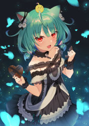Rule 34 | 1girl, animal ear fluff, animal ears, bare shoulders, bird, black dress, black ribbon, blush, cat ears, cat girl, chick, chocolate, choker, collarbone, dress, flat chest, food, from above, green hair, hair ornament, hands up, highres, holding, holding chocolate, holding food, hololive, kakumayu, looking at viewer, nail polish, off shoulder, open mouth, pink nails, red eyes, ribbon, short hair, smile, solo, uruha rushia, uruha rushia (3rd costume), virtual youtuber