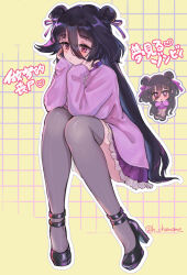Rule 34 | 1girl, alternate costume, alternate hairstyle, black hair, chamame, chibi, chibi inset, closed mouth, double bun, frilled skirt, frills, hair between eyes, hair bun, hair ribbon, hands on own cheeks, hands on own face, high heels, highres, invisible chair, long hair, pleated skirt, purple skirt, purple sweater, red eyes, ribbon, sitting, skirt, solo, sweater, thighhighs, very long hair, yamada tae, zombie land saga