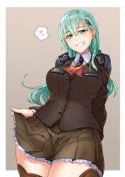 Rule 34 | 10s, 1girl, aqua hair, arm behind back, ascot, blazer, blue eyes, breasts, clothes lift, grin, hair ornament, hairclip, heart, jacket, kantai collection, large breasts, long hair, looking down, pleated skirt, school uniform, skirt, skirt lift, smile, solo, spoken heart, suzuya (kancolle), thighhighs, thighs, tsukinami kousuke