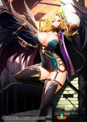 Rule 34 | 1girl, ;), against wall, black thighhighs, black wings, blonde hair, breasts, cleavage, coat, copyright name, curvy, garter straps, green eyes, hair ornament, hip vent, huge breasts, knee up, large breasts, long hair, looking at viewer, microphone, one eye closed, open clothes, open coat, pointy ears, qurare magic library, smile, snowball22, solo, thick thighs, thighhighs, thighs, wide hips, wings