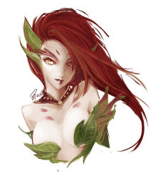 Rule 34 | 1girl, aa2233a, bare shoulders, breasts, collar, extra ears, jewelry, leaf, league of legends, long hair, monster girl, orange eyes, red hair, signature, simple background, smile, solo, white background, zyra