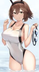 Rule 34 | 1girl, absurdres, bare arms, bare legs, bare shoulders, beisaku bei, blush, breasts, brown hair, cleavage, closed mouth, commentary request, cowboy shot, green eyes, hair between eyes, headgear, highres, holding, kantai collection, large breasts, mutsu (kancolle), one-piece swimsuit, short hair, smile, solo, swimsuit, wading, water, white one-piece swimsuit