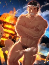 Rule 34 | 4boys, ^ ^, abs, ass, bara, blush, closed eyes, cold, completely nude, convenient censoring, crossed arms, facial hair, fire, flaccid, foreshortening, goatee, hachimaki, headband, highres, large pectorals, looking at viewer, male focus, male pubic hair, mature male, multiple boys, muscular, muscular male, navel, navel hair, night, night sky, nude, original, pectoral squeeze, pectorals, penis, pubic hair, runny nose, short hair, sideburns, sky, snot, solo focus, standing, steam, steam censor, stomach, stubble, tepen (tptptpn), thick thighs, thighs