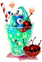 Rule 34 | afloat, animal focus, blue eyes, blush, bowl, bubble, cherry, closed mouth, creatures (company), cup, dessert, drinking glass, drinking straw, food, food focus, freckles, fruit, game freak, gen 4 pokemon, gen 5 pokemon, heart, highres, ice cream, ice cream float, in food, marker (medium), mofuo, nintendo, no humans, notice lines, oshawott, oversized food, oversized object, partially submerged, piplup, pokemon, pokemon (creature), simple background, soda, striped, traditional media, white background
